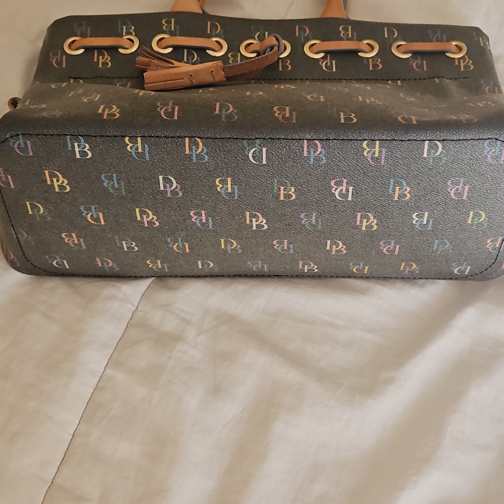 Dooney & Bourke Black Multicolor Monogram Satchel with Tan Leather Handles - Picture 4 of 7